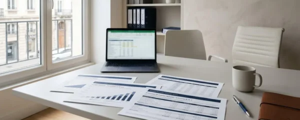 Bureau de conseil financier contemporain avec documents de simulation retraite et graphiques de projection sur surface claire, éclairage naturel doux