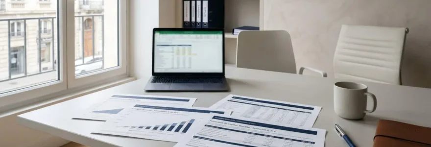 Bureau de conseil financier contemporain avec documents de simulation retraite et graphiques de projection sur surface claire, éclairage naturel doux
