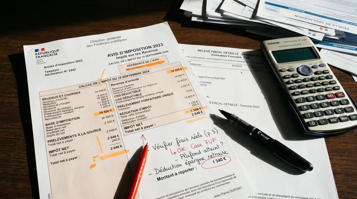Gros plan sur documents fiscaux français annotés avec calculatrice et stylo, éclairage directionnel créant des ombres marquées, atmosphère d'analyse approfondie