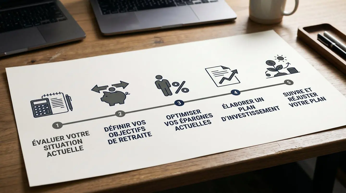Infographie timeline horizontale montrant les 5 étapes de mise en place d'une épargne retraite structurée, de gauche à droite