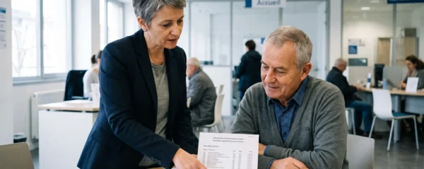Un conseiller retraite explique un relevé de carrière à un futur retraité dans une agence française de sécurité sociale.