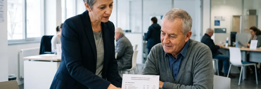 Un conseiller retraite explique un relevé de carrière à un futur retraité dans une agence française de sécurité sociale.