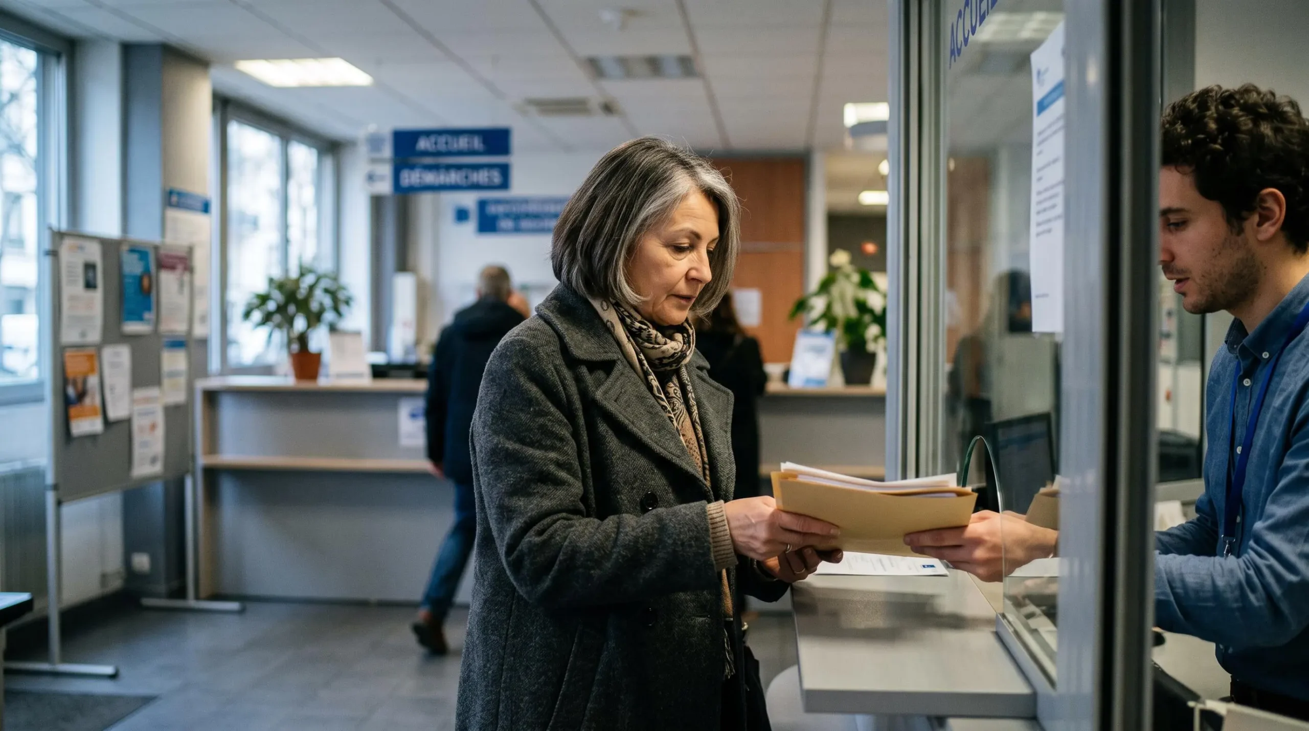 Une femme dépose un dossier de demande de retraite au guichet d'une agence française.