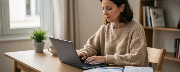 Femme consultant son contrat d'assurance vie sur ordinateur portable à son domicile
