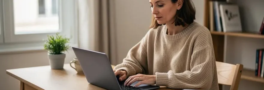 Femme consultant son contrat d'assurance vie sur ordinateur portable à son domicile