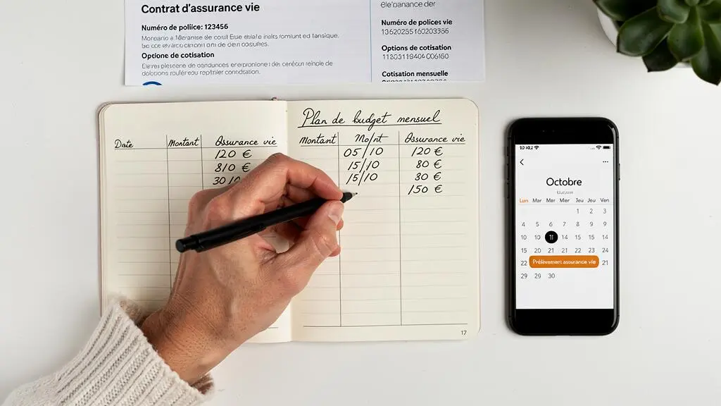 Main écrivant un planning de versements programmés dans un carnet avec contrat d'assurance vie et smartphone