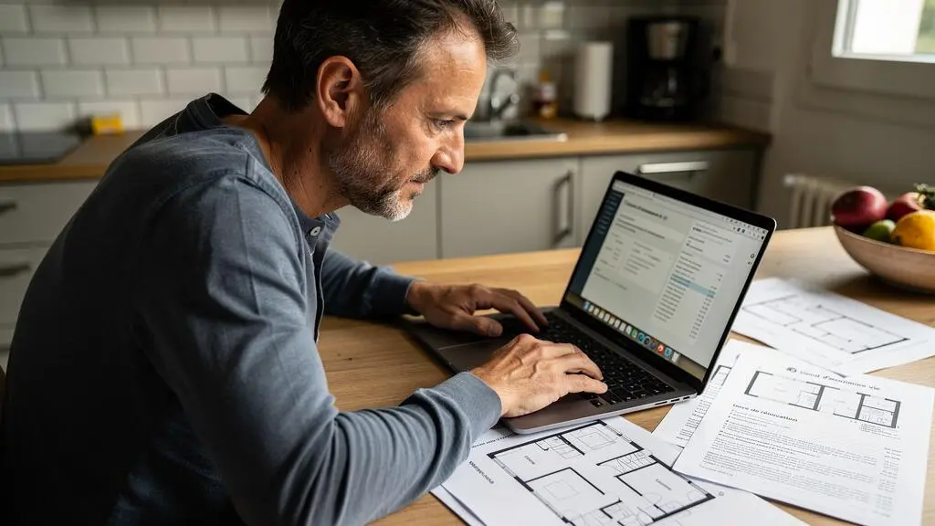 Homme consultant son contrat d'assurance vie tout en examinant des devis de rénovation sur un plan de travail