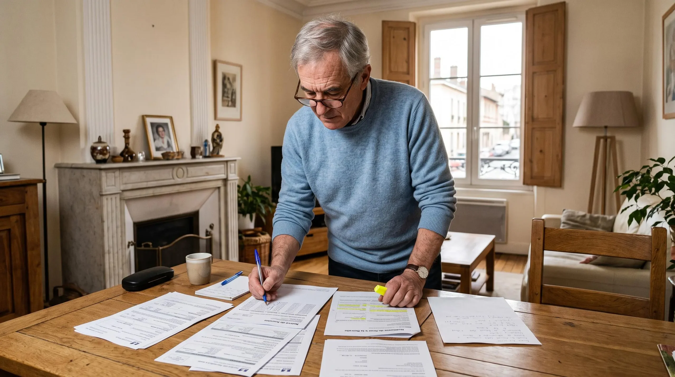 Un homme d'environ 60 ans vérifie et annote ses relevés de carrière à table chez lui.